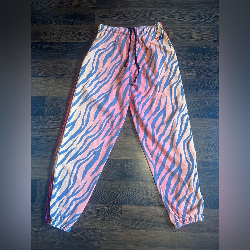 Aviator Nation Zebra Sweatpants Joggers Size Large ~ Velvet Rainbow Stripe